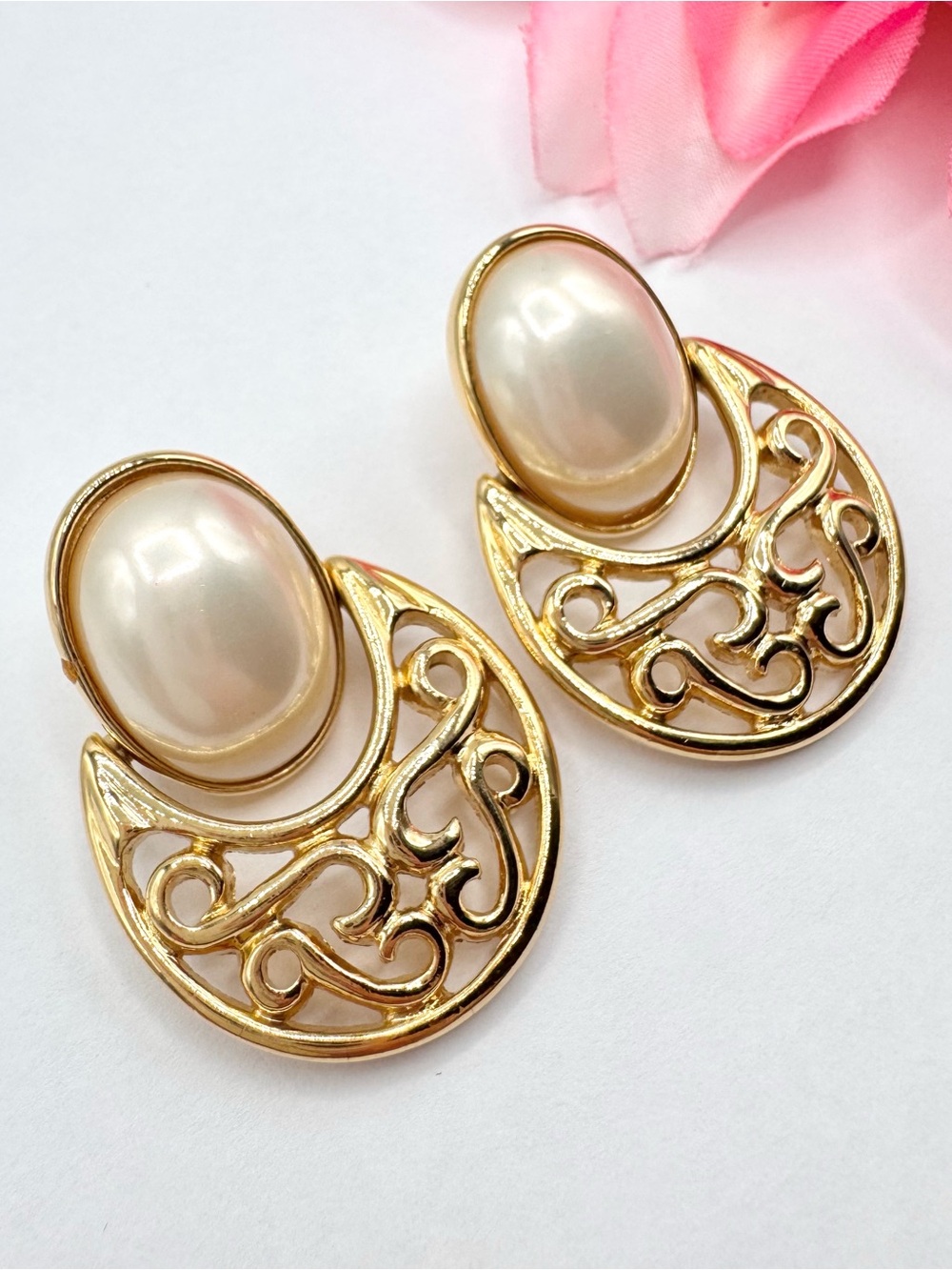 Vintage Trifari Faux Pearl Cabochon Scrolling Doorknocker Earrings Runway Signed